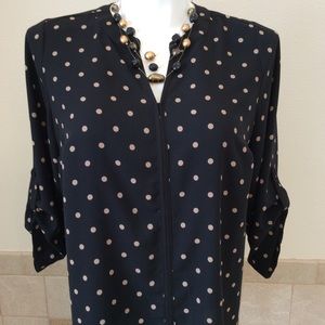 Black/Beige Polka Dot 3/4 Roll-Up Sleeve Blouse
